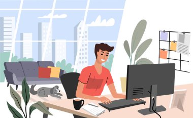 Evde köpekle çalışan Freelancer. Adam masada oturuyor ve bilgisayarda çalışıyor..