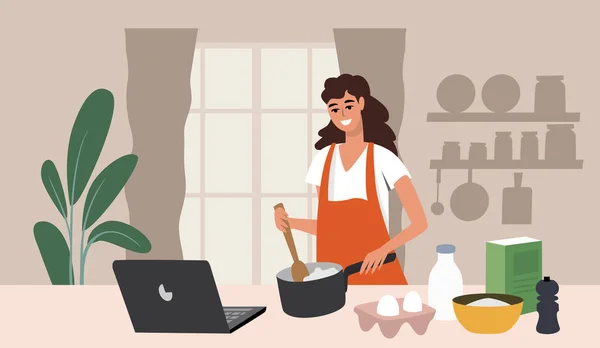 Mujer de dibujos animados preparando comida. Cocina hogar vector interior — Archivo Imágenes Vectoriales