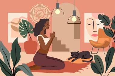 Yoga egzersizleri yapan ve meditasyon vektörü olan genç bir kadın. İç mekanda kadın karakter