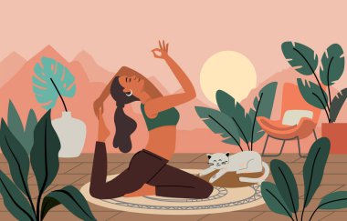 Yoga egzersizleri yapan ve meditasyon vektörü olan genç bir kadın. Dışarıdaki kadın karakter.