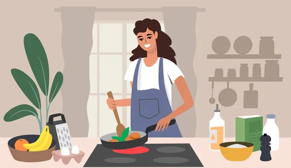 Mulher dos desenhos animados preparando comida. Cozinha casa vetor interior —  Vetores de Stock
