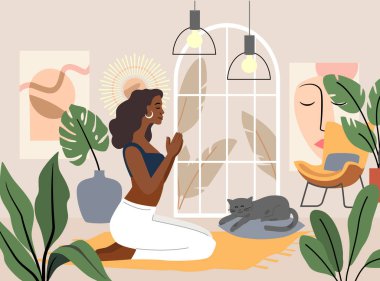 Yoga egzersizleri yapan ve meditasyon vektörü olan genç bir kadın. İç mekanda kadın karakter