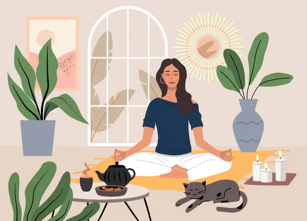 Mujer joven haciendo ejercicios de yoga y practicando vectores de meditación. Personaje femenino en el interior del hogar — Vector de stock