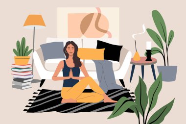 Yoga egzersizleri yapan ve meditasyon vektörü olan genç bir kadın. İç mekanda kadın karakter