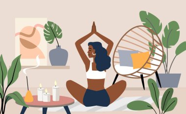 Yoga egzersizleri yapan ve meditasyon vektörü olan genç bir kadın. İç mekanda kadın karakter