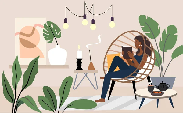 女は椅子に横になって本を読んでいる。家庭内の女性キャラクター — ストックベクタ