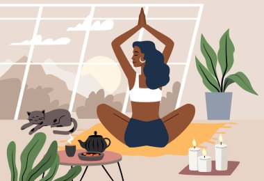 Yoga yapan ve meditasyon vektörü olan bir kadın. İç mekanda kadın karakter