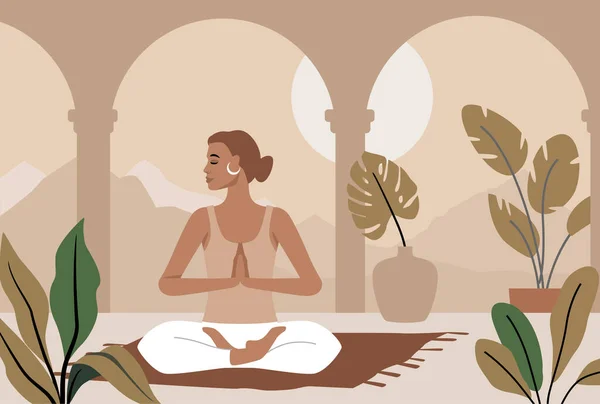 Mujer haciendo ejercicios de yoga y practicando vectores de meditación. Personaje femenino en el interior del hogar — Vector de stock