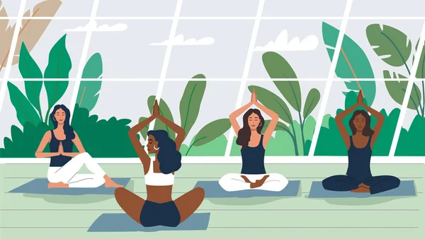 Kvinna som gör yogaövningar och praktiserar meditationsvektor. Kvinnlig karaktär i stora rummet — Stock vektor