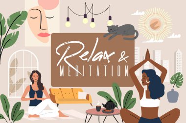 Yoga sınıfı vektörünün iniş sayfası şablonu. Meditasyon Okulu Stüdyosu. Kadın karakter çizgi filmi.