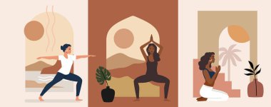 Yoga poz vektöründeki kadın ve kemerle iç içe. Meditasyon ve rahatlama teması