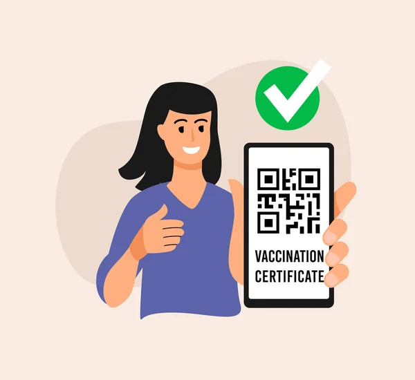 Donna con smartphone vettoriale codice qr. Passaporto certificato digitale vaccinato sullo schermo del dispositivo. — Vettoriale Stock