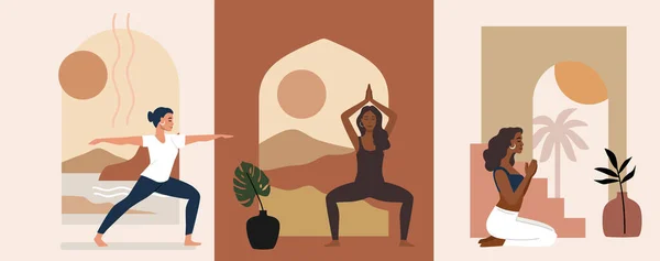 Interior com arco e mulher em ioga vetor pose. Meditação e relaxar tema — Vetor de Stock
