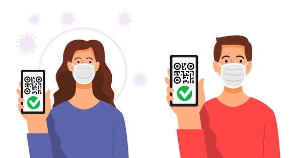 Homem e mulher com vetor de código qr smartphone. Tela do dispositivo passport.on de certificado digital vacinado. — Vetor de Stock