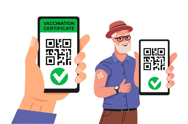 Le vieil homme vacciné montrant le bras avec patch et téléphone avec le passeport qr code. Certificat sanitaire numérique — Image vectorielle