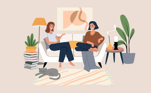 Duas mulheres a passarem tempo juntas no sofá. Vetor Interior com personagens — Vetor de Stock
