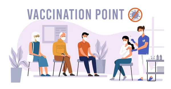 Az emberek kovid vakcinát kapnak a kórházban, hogy megvédjék az egészségüket. Az orvos influenza elleni oltást ad be.. — Stock Vector