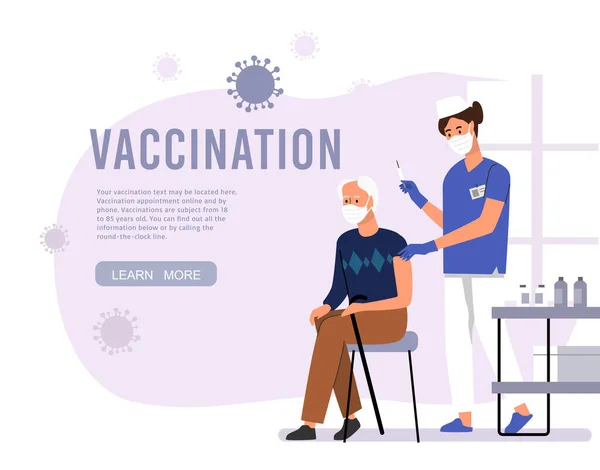 Старший получает ковидовую вакцину в больнице, чтобы защитить здоровье. Доктор делает инъекцию гриппа. — стоковый вектор