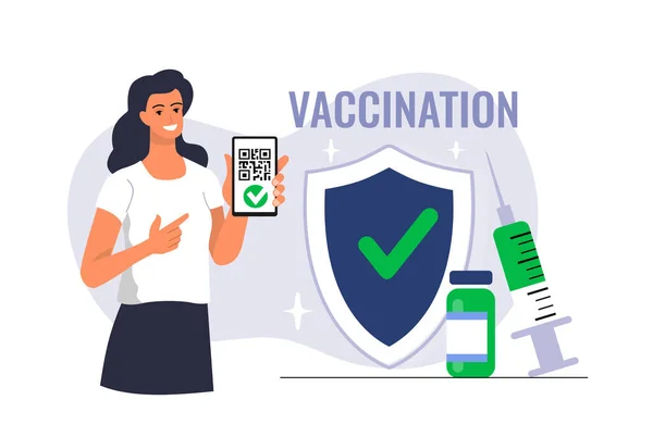 Mulher protegida após o vetor de vacinação. Passaporte de certificado digital vacinado na tela do dispositivo. — Vetor de Stock