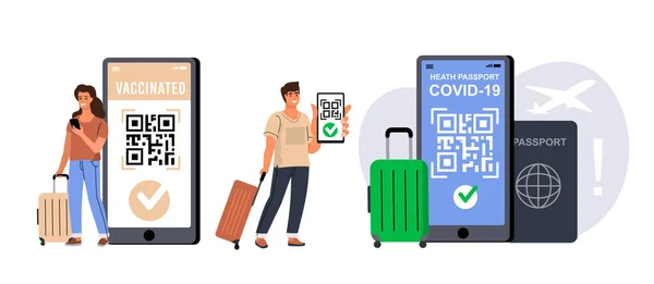 Personas turistas con maletas muestran el código QR. Certificado de vacunación vector plano de dibujos animados — Vector de stock