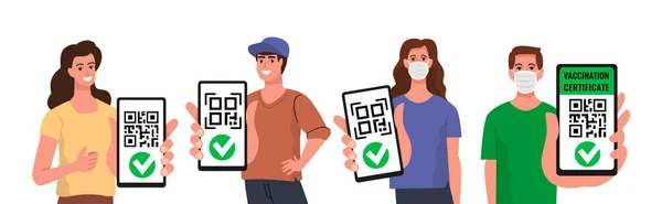 Man en vrouw met smartphone qr code vector. Vaccinatie digitaal certificaat passport.on apparaat scherm. — Stockvector