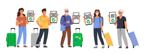 Personas turistas con maletas muestran el código QR. Certificado de vacunación vector plano de dibujos animados — Vector de stock