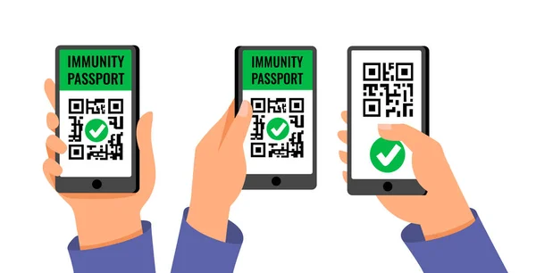 Certificado de vacinação no ecrã do telemóvel Código QR. Covid-19 passaporte app teste resultado. —  Vetores de Stock