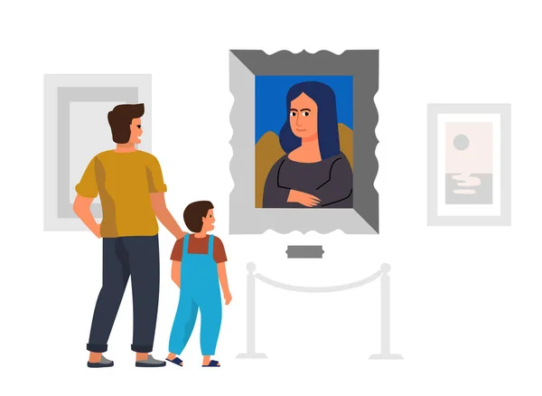 Exhibition man visitors vector . Art gallery character looking museum famous picture Mona Lisa — Vettoriale Stock