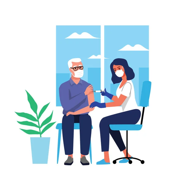 Old man makes vaccination in clinic. Senior man and doctor with syringe. — Stock Vector