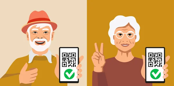 Starszy mężczyzna i kobieta ze smartfonem kod QR Covid-19 koronawirusa. Zaszczepiony paszport certyfikatu cyfrowego na ekranie urządzenia. — Wektor stockowy