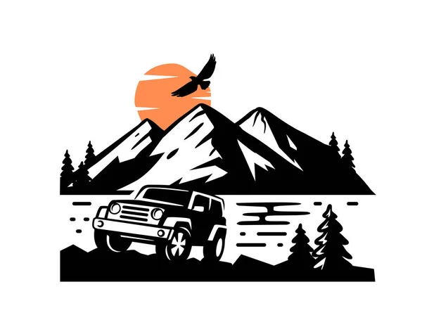 Paisagem de montanha com off road car vector. SUV auto —  Vetores de Stock