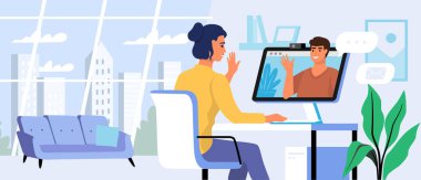 Video çağrı vektörü sırasında kadın karışık ırkla buluşuyor. Çevrimiçi video konferansı webinar.