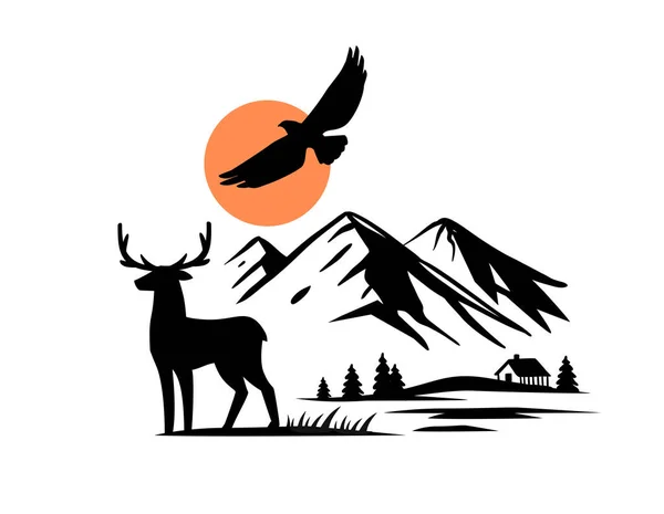 Mountain landscape with house and deer vector. Nature landscape — Vetor de Stock