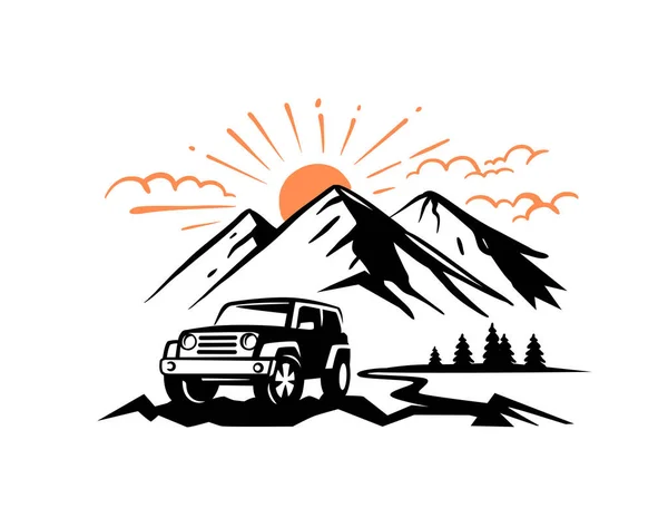 Paisaje de montaña con vector de coche fuera de carretera. SUV auto — Vector de stock