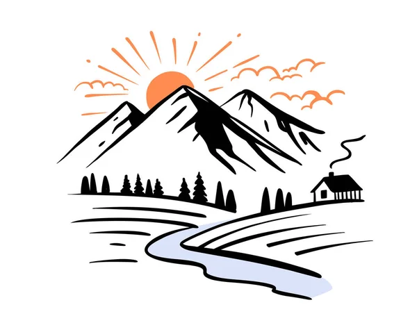 Mountain landscape and wooden cabin vector. Adventure and hiking theme — Vetor de Stock