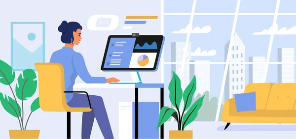 Woman use pc desk with computer monitor working at home vector. Freelancer business female — Wektor stockowy