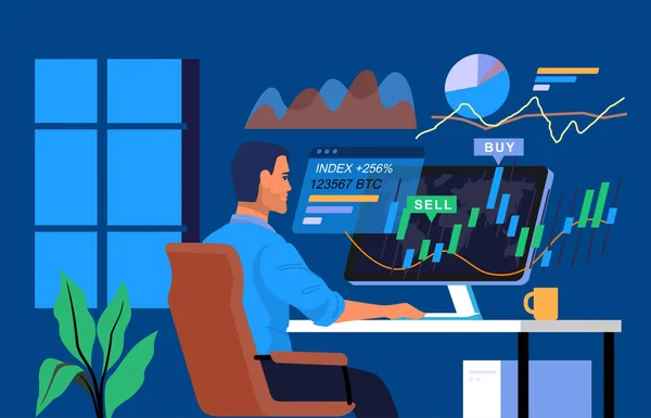 Stock trader working on computer with graphs vector. Man analytics business seo — Wektor stockowy