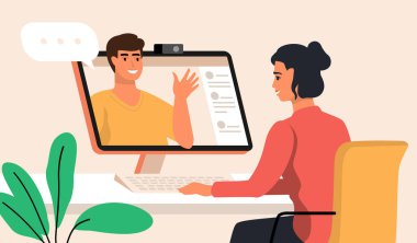 Kadın, görüntülü arama sırasında erkekle buluşuyor. Çevrimiçi video konferansı webinar.