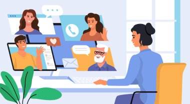 Ev ofisinden çalışan bir kadın bilgisayar masası vektörü. Bir grup iş arkadaşı ve iş ekibiyle masaüstü bilgisayarı.