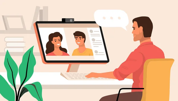Een ontmoeting met een mix gezicht tijdens de video call vector. Online home videoconferentie webinar — Stockvector