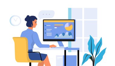 Kadın bilgisayar monitörlü bilgisayar masasını ev vektörü olarak kullanıyor. Serbest çalışan bir kadın.