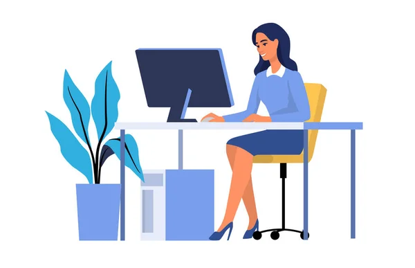 Woman use pc desk with computer monitor working at office vector. Business female — Stock Vector