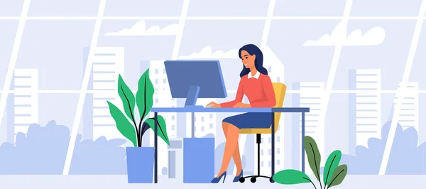 Woman use pc desk with computer monitor working at office vector. Business female — Stockvector