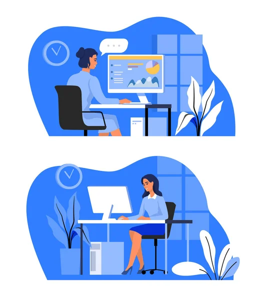 Woman works in office and home. Female working on computer — Stockvector