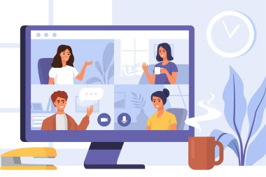 Online Meeting vector. Pc screen on table. Group of people friends online video conference call.