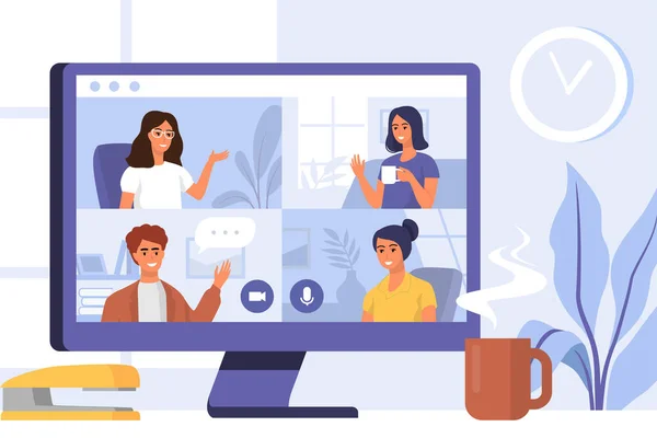 Online Meeting vector. Pc screen on table. Group of people friends online video conference call. — Stock Vector