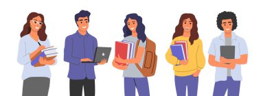 Öğrenci karakter vektörü. Kitapları ve sırt çantaları olan insanlar..