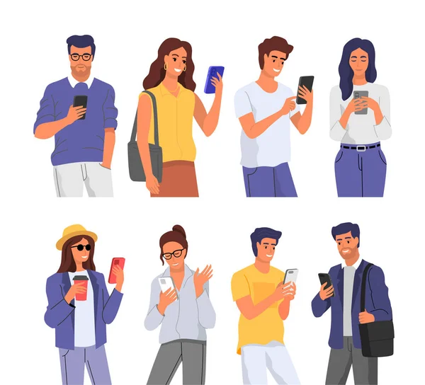 Mensen die smartphones gebruiken stellen vector in. Mannen en vrouwen gebruiken telefoon om te communiceren. — Stockvector