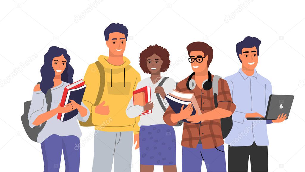 Student character vector. People with books and backpacks.