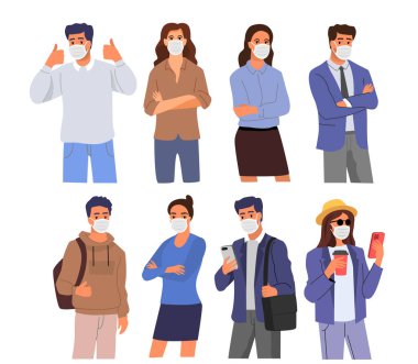 Tıbbi maskeli insanlar. Solunum cihazındaki kadın ve erkek..